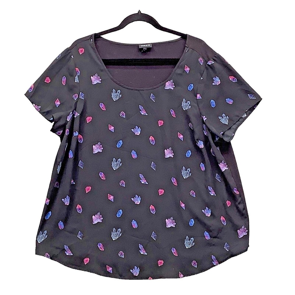 Torrid Blouse Womens 1X Black Crystal Print Scoop Neck Short Sleeve Tunic Top